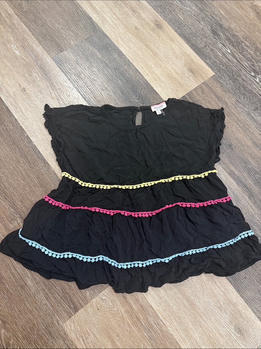 Andree Black Short-Sleeve Tiered Top with Yellow, Pink & Blue Trim